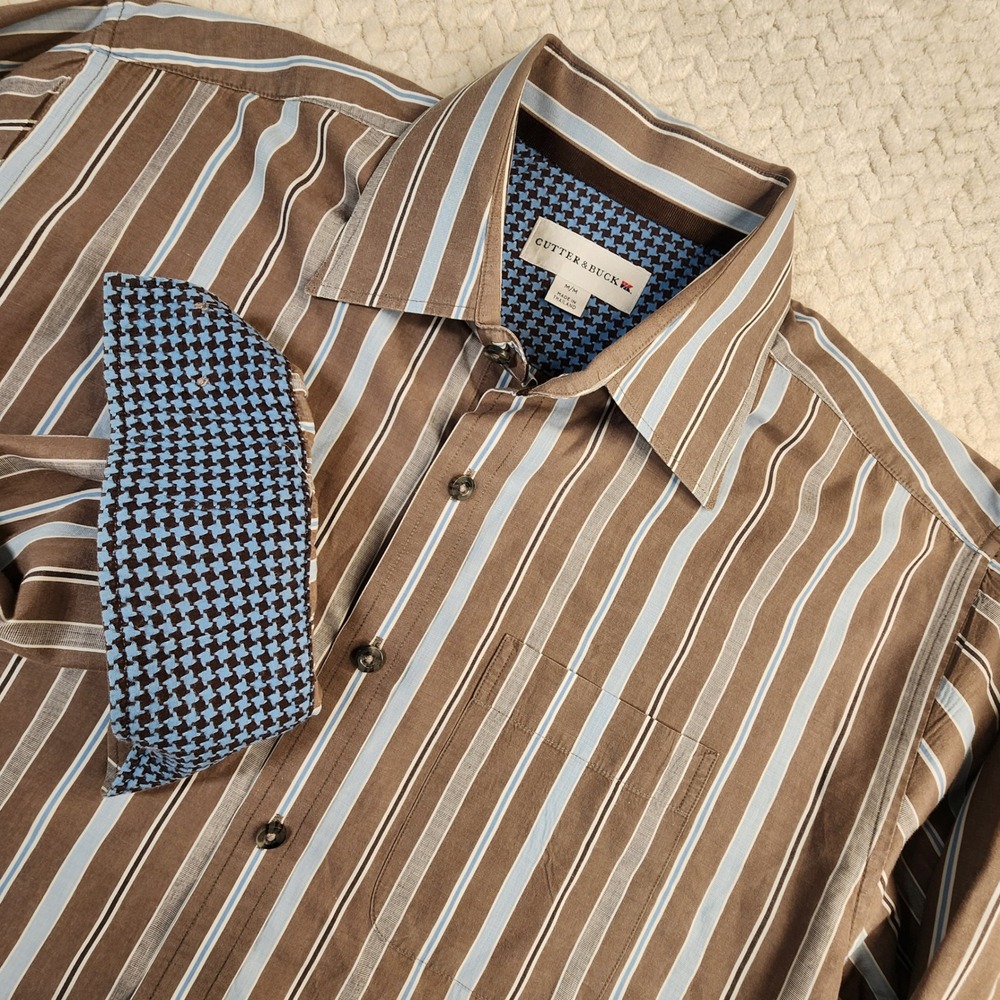 Cutter & Buck Mens‎ M/M Brown Striped Long Sleeve Button Down Shirt Flip Cuff
